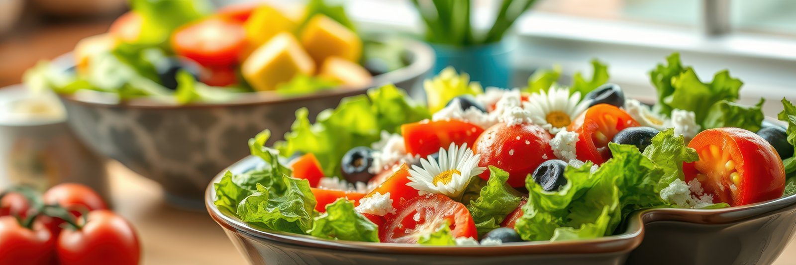 Fresh salad bowls filled with vibrant vegetables and herbs in a bright kitchen setting during daytime